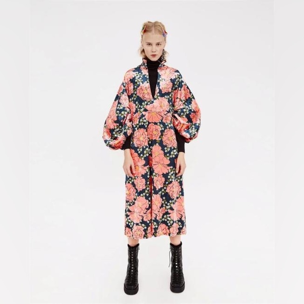 Zara Trafaluc Balloon Sleeve Floral Velvet Midi Dress Size S